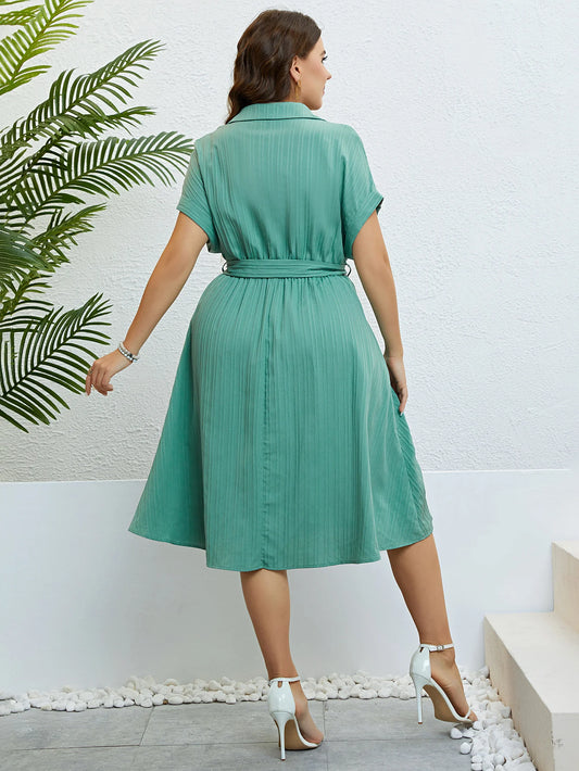 Turndown Collar Button Belt Female Midi Oversized Dresses Urban Casual