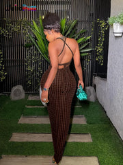 Weird Puss Cross Bandage Women Maxi Dress Backless Sleeveless O Neck Elegant