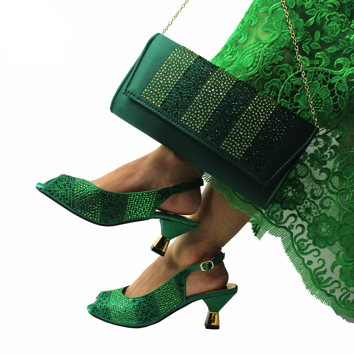 Matching Shoes and Bags: Comfortable Heels Women Shoes Matching Bag Set in Gold