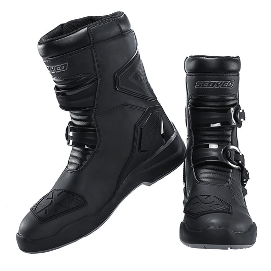 SCOYCO Retro Motorcycle Boots Cowhide Waterproof Mid-Calf Long Boots Riding Motocross Bota Motorbike Botas Motocross Shoes