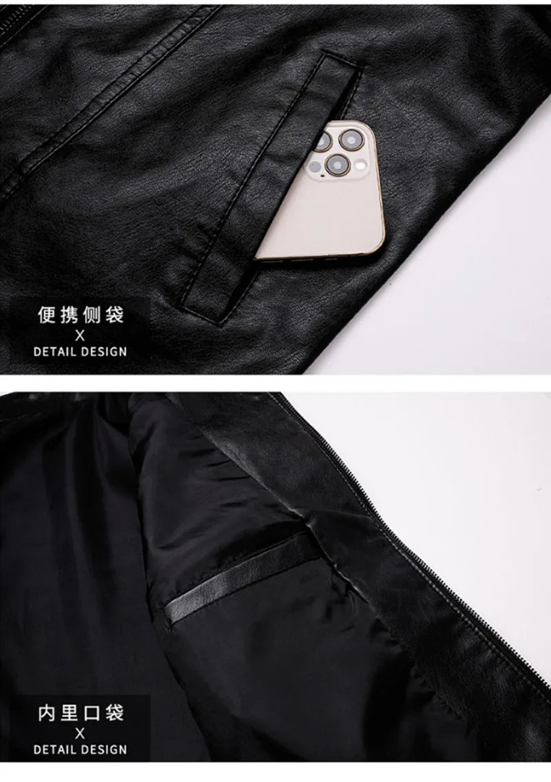 Men Leather Coat Vintage Classic Stand Collar Male Faux Leather Jacket