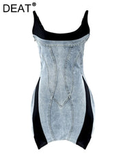 Women's Denim Dress Slim Stretch Patchwork Design Contrast