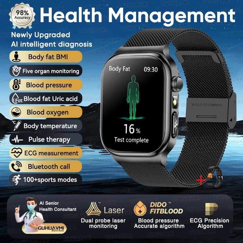 2026 New Accurate Measurement Health Smart Watch ECG+PPG Uric Acid Blood Pressure Blood Lipids BT Call Smartwatchs For Men Women
