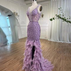 Homecoming Dresses: Mermaid High Split Evening Dresses Feather Beaded Gowns
