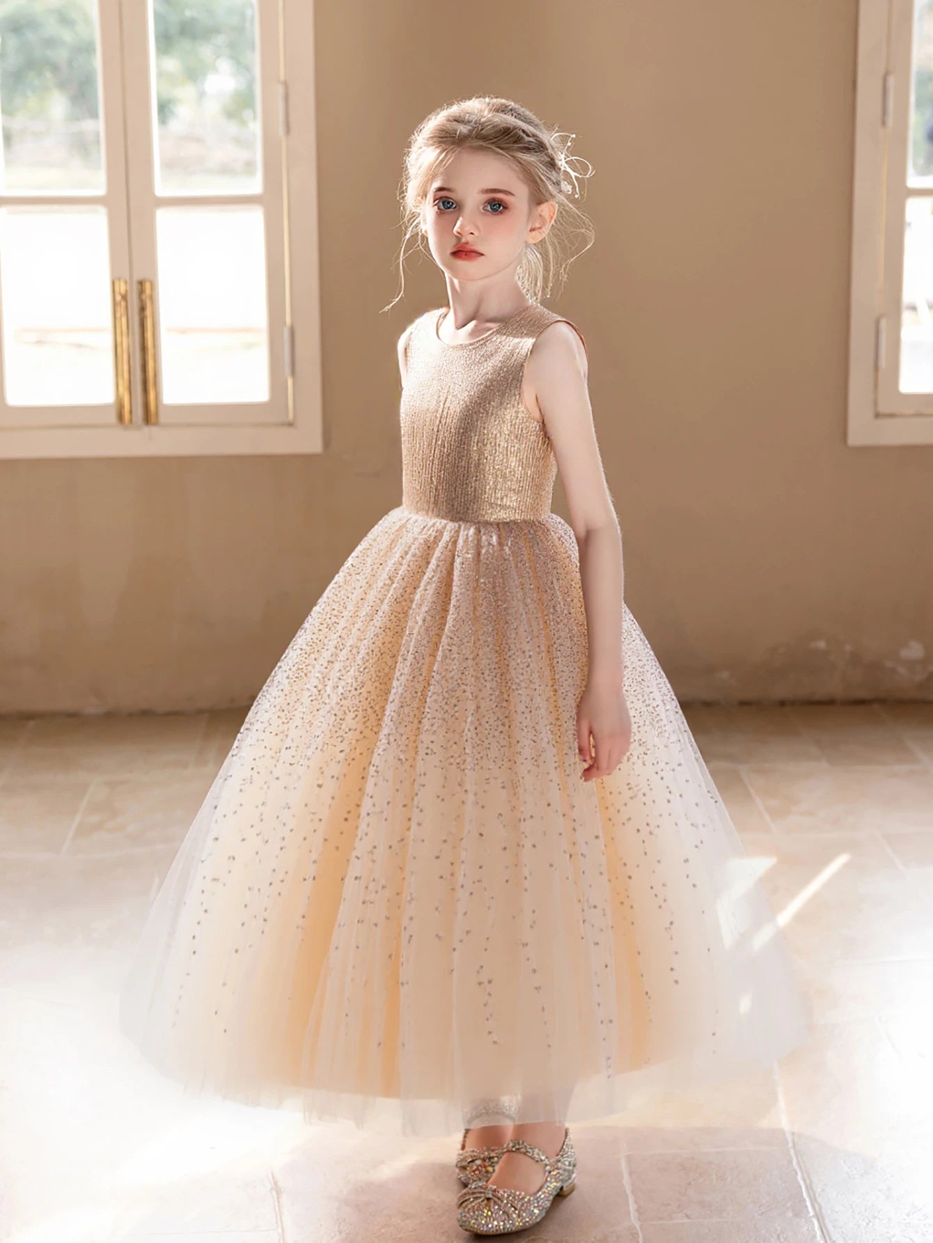 Girl Princess Dress High-end Champagne Sequined Dress for Girls Wedding Birthday Party Puffy Gauze Skirt Bridesmaid Dresses