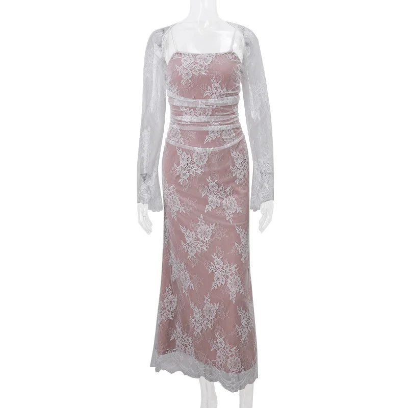 Vintage Elegant Lace Embroidery Sling Maxi Dress Women Fashion Sleeveless Back