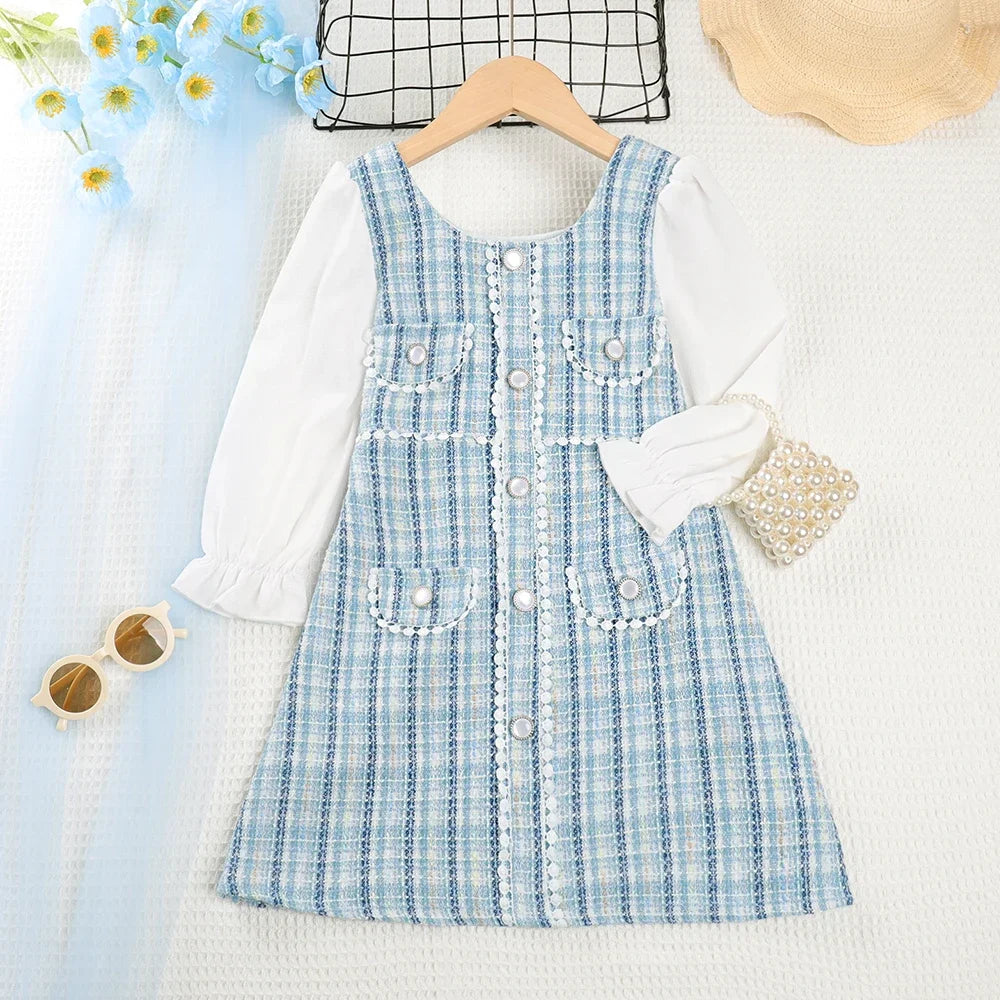 Girls' Dress Girls' Round Neck Plaid Lace Button Long Sleeve