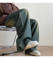 Distressed Vintage Blue Jeans Pants Men Wide-leg Denim Trousers Male