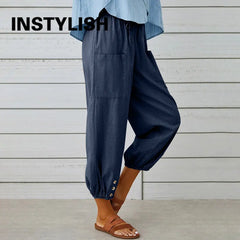 Women Cotton Linen Pants 2023 Autumn Solid Color Elastic Waist Loose Straight Trousers
