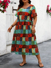 Plus Size Plaid Polka Dot Print Summer Dress Women Short Sleeve Casual