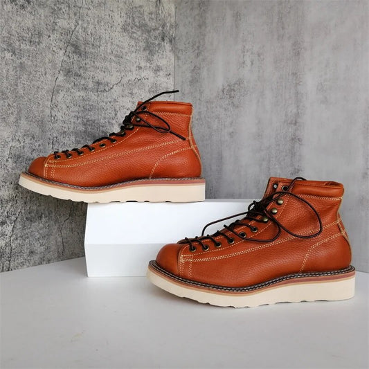 Men Genuine Leather Boot Retro Male Military Boots Brown Motocross Boots
