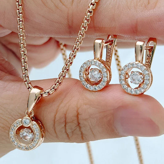 Kinel Hot 585 Rose Gold Color Bridal Wedding Jewelry Sets Natural Zircon Geometry Ring Earrings Necklace for Women Fine Jewelry