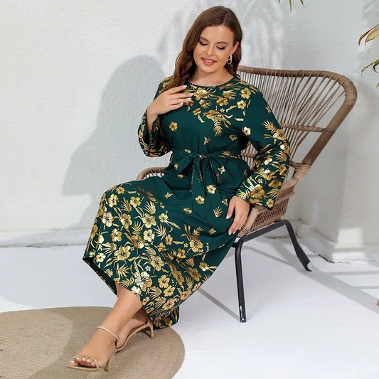 Loose Size Dress with Gold Stamped Print Long Sleeves and Fat mm Long Skirt plus size