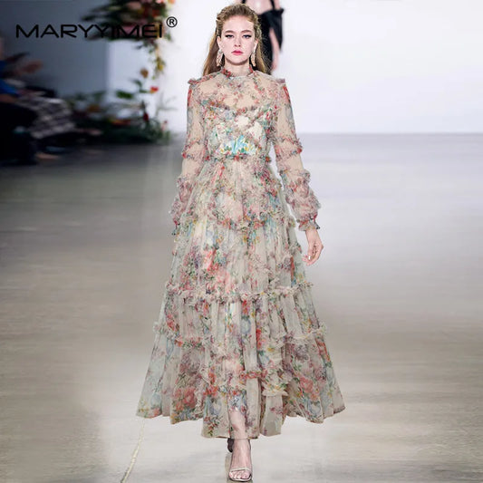Evening wear Dresses: Women's dress Lantern Sleeve Mesh Print Cascading