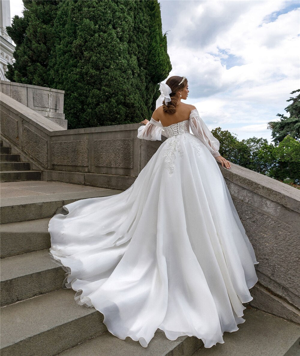White Bridesmaid Dresses: Wedding Dresses Off The Shoulder Long Puff Sleeves Lace