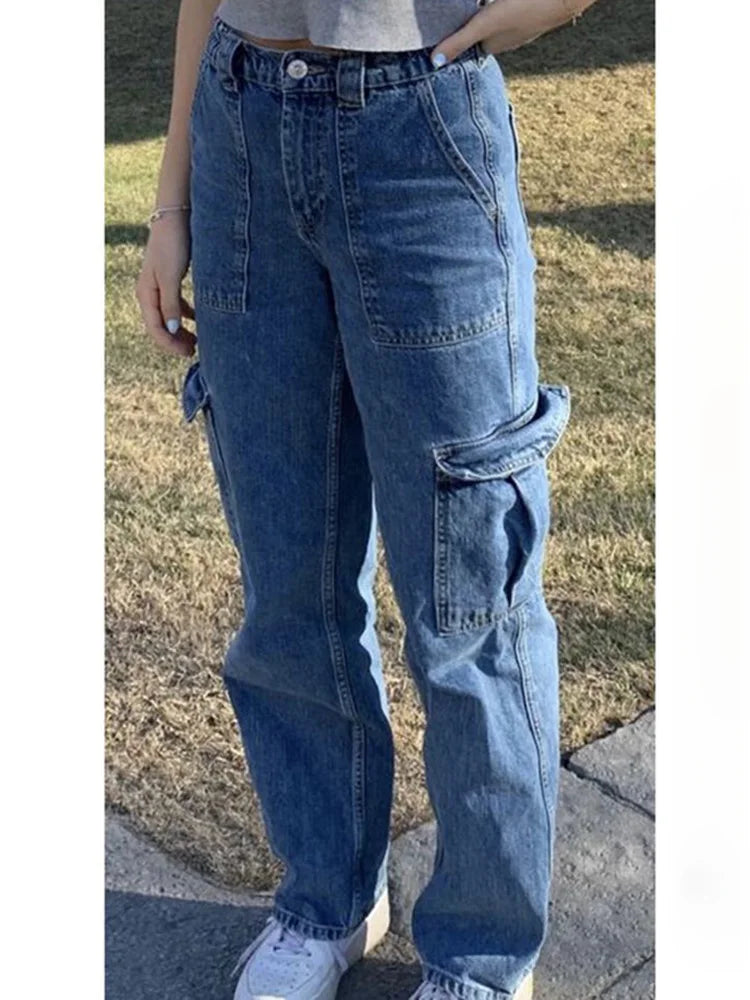 Women Wide Leg Baggy Jeans Lady Vintage Y2K Punk High Waist Loose Cargo Denim Pants