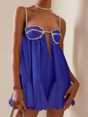 Trendy Women's Diamonds Chain Pleated Sling Dress Spring Fashion