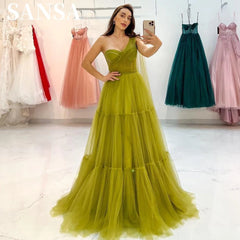 Homecoming Dresses: One Shoulder Mustard Green A-line Prom Dress Elegant