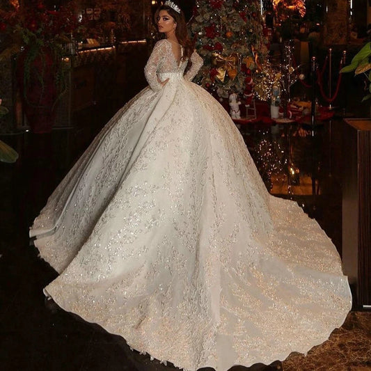 White Bridesmaid Dresses: Ball Gown Illusion Back Long Sleeve Wedding Dresses