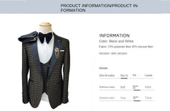 Black and White Men's Suit 3-piece Gold Palace Print Road Wedding Costume Men