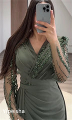 Homecoming Dresses: V-neck Sheath Celebrity Sequin Flowers Fold Satin Prom Dresses