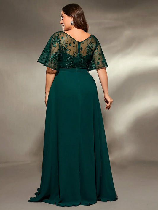 Mgiacy plus size V-neck See-through trumpet sleeve embroidered chiffon