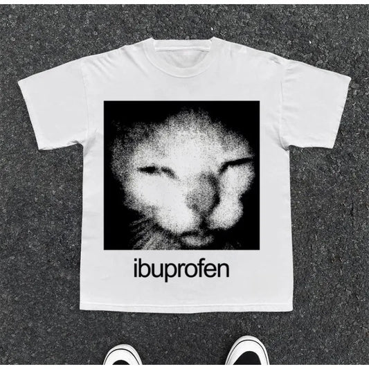 2025 Vintage Funny Ibuprofen Cat Meme Graphic T Shirt Men Women Humor Fashion Y2k Tops Tee Oversized Casual Streetwear T-shirts
