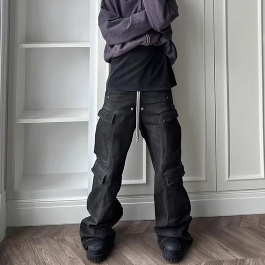 RO Style Ribbons Wide Leg Multi-Pockets Smoke Grey Baggy Jeans for Men Straight