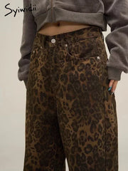 Leopard Print Y2k Jeans Women Oversized Wide Leg Denim Trousers