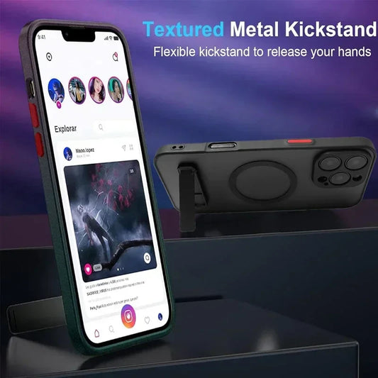 UYUXIO Magnetic Phone Case with Metal Kickstand for iPhone 17 16 Pro Max 15 14 Plus 13 12 Mini Stand Cases Cover with Holder