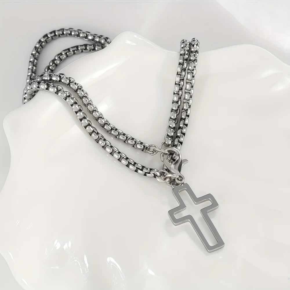 Men's Fashion Double Chain Cross Hollow Wrist Bracelets Lobster Claw Clasp Stainless Steel Bracelet Hip Hop Punk Party Jewelry
