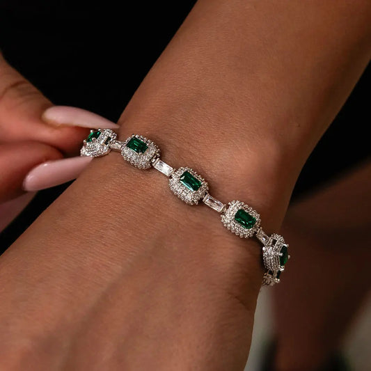 ESKEEM Fashion Jewelry Iced Emerald Cushion Cut Diamond Bracelet White Gold Inlaid Green Baguette Zircon Women's Bracelet 