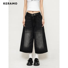 Vintage Streetwear Women Jeans 2024 Summer Loose Male Wide Leg Knee Length Shorts