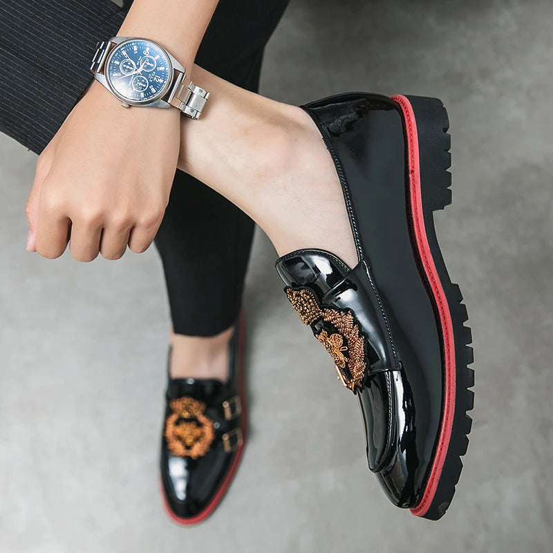 Men Party Flats Black Golden Formal Patchwork Tassel Leather Casuals Shoe Handmade