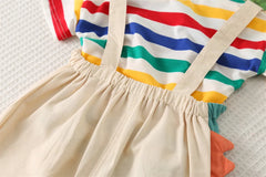 Summer New 2025 Fashionable Children's Boys' Colorful Striped Cotton Short Sleeved/cartoon Dinosaur Overalls Two-piece Set 1