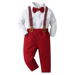 1 2 3 4 5 6 7Y Boy Christmas Outfit White Shirt+Star Printed Strap Set Children Autumn Formal Gentleman Wedding Flower Costume