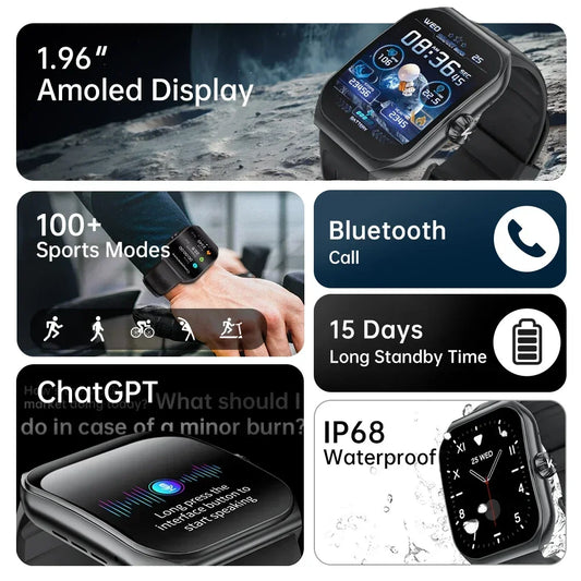 KUMI KU7 Smart watch 1.96" Amoled screen IP68 Waterproof 100+Sport Modes Bluetooth Call Health Sleep Monitoring