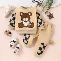 2-piece set of fashionable and casual round neck patchwork plaid long sleeved hoodie and pants for baby boys, autumn and winter
