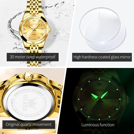 OLEVS Fashion Golden Watch for Women Stainless Steel Waterproof Women's Watches Elegant Original Luxury Ladies Quartz Wristwatch