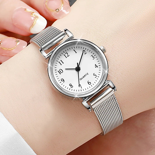 6PCS Fashion Women Watches Small Arabic Dial Quartz Watch Ladies Silver Mesh Band Wristwatches Jewelry Reloj Mujer(Without Box)