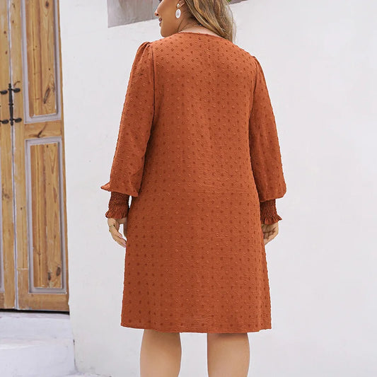 Plus Size Dot Women Dress Elastic Waist Long Sleeves Robe Scroop Neck Solid Color