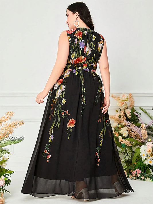 Women Plus Size Maxi Dresses Summer Sleeveless Print Casual Dress