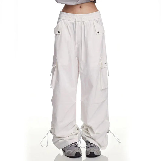 Baggy White Parachute Cargo Pants Y2K High Waist Shirring All-Match Trousers