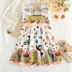 Girls' Set 2024 Summer Casual Dress Flying Sleeve Graffiti Painting Dress