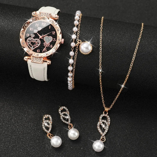 4pcs/set Women's Shiny Rhinestone Quartz Watch Analog PU Leather Wrist Watch Faux Pearl Jewelry Set Girls Gift(Without Box)