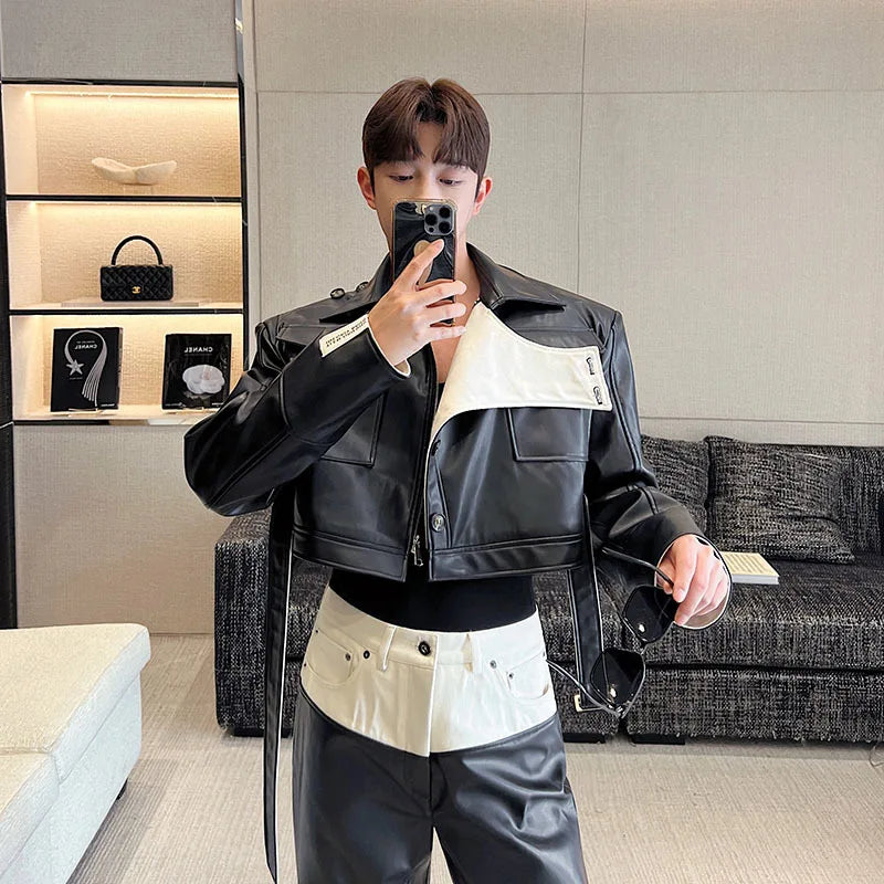 Designer Short Denim Pu Leather Jacket Contrast Color 2023 Turn-down Collar