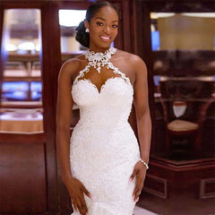 White Bridesmaid Dresses: Halter Sheer Neck Vintage Mermaid Wedding Dresses