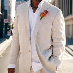 Beach Wedding Outfit Men: Linen Wedding Tuxedo for Groom Beige American Style