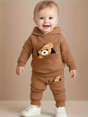 Newborn Baby Boy Fun Cartoon Bear Print Long Sleeve Fleece Sweatshirt with Casual Sports Pants Set Spring Autumn Gift