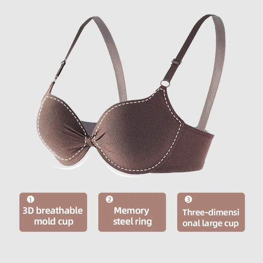 Women Cotton Gathered Bra Deep V Underwire Ladies Brassiere Push Up
